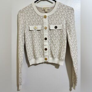 Sold Michael Kors Cream Logo Jacquard Cropped Cardigan with Gold Buttons